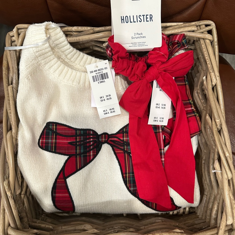 Hollister Cream Sweater with Red Plaid Bow